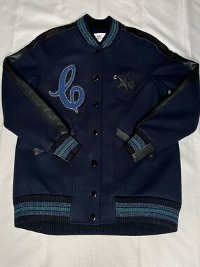 Coach Wool Varsity Letter Bomber Jacket Navy Blue with Black Leather Trim